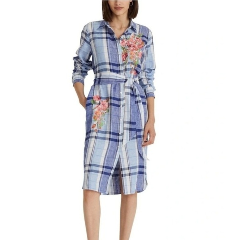 Lauren Ralph Lauren Women's Shirt dress Size 10 Blue Plaid Floral Linen vacation
